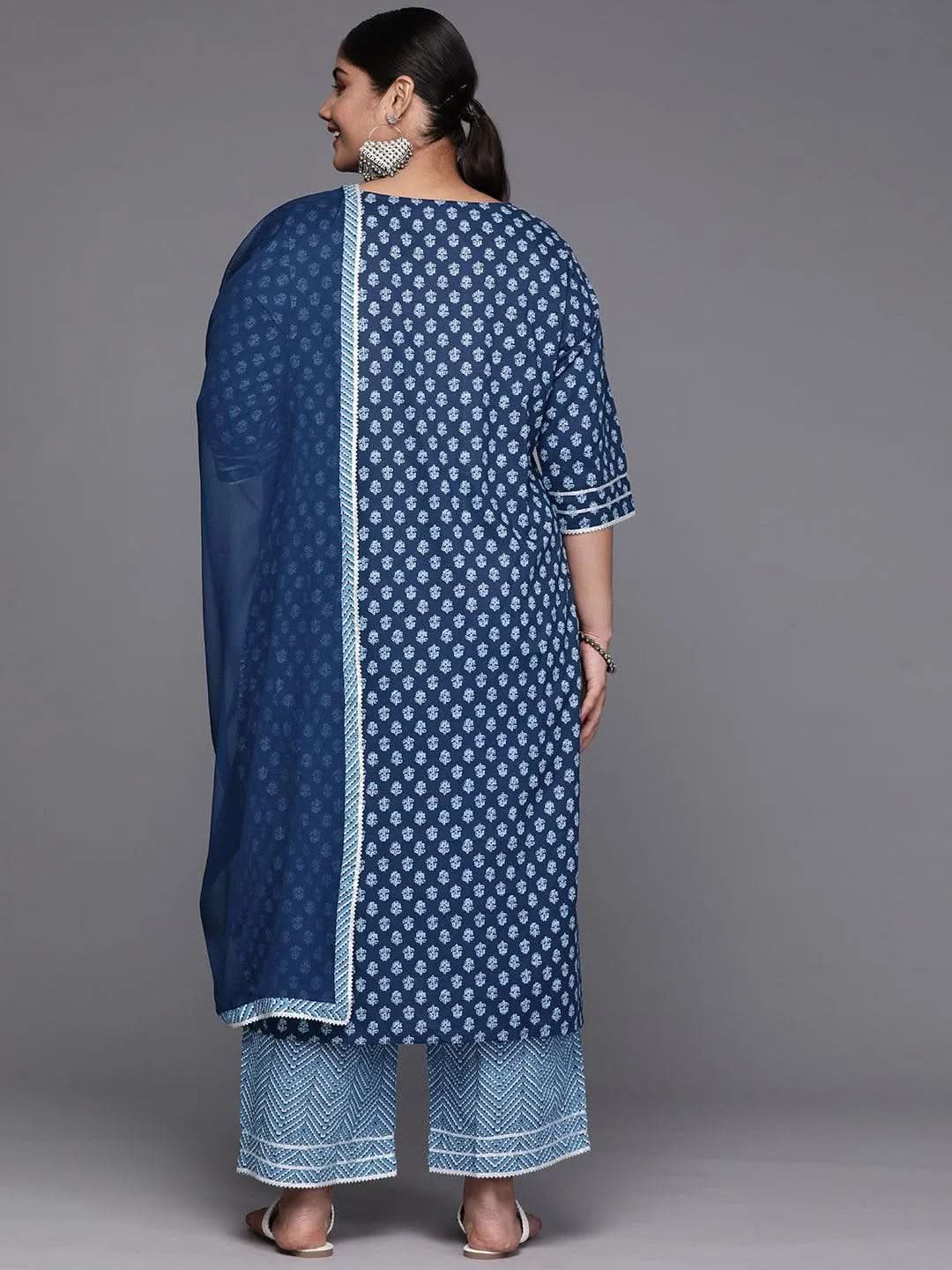 Black Yoke Design Cotton Straight Kurta With Trousers & Dupatta - Libas 