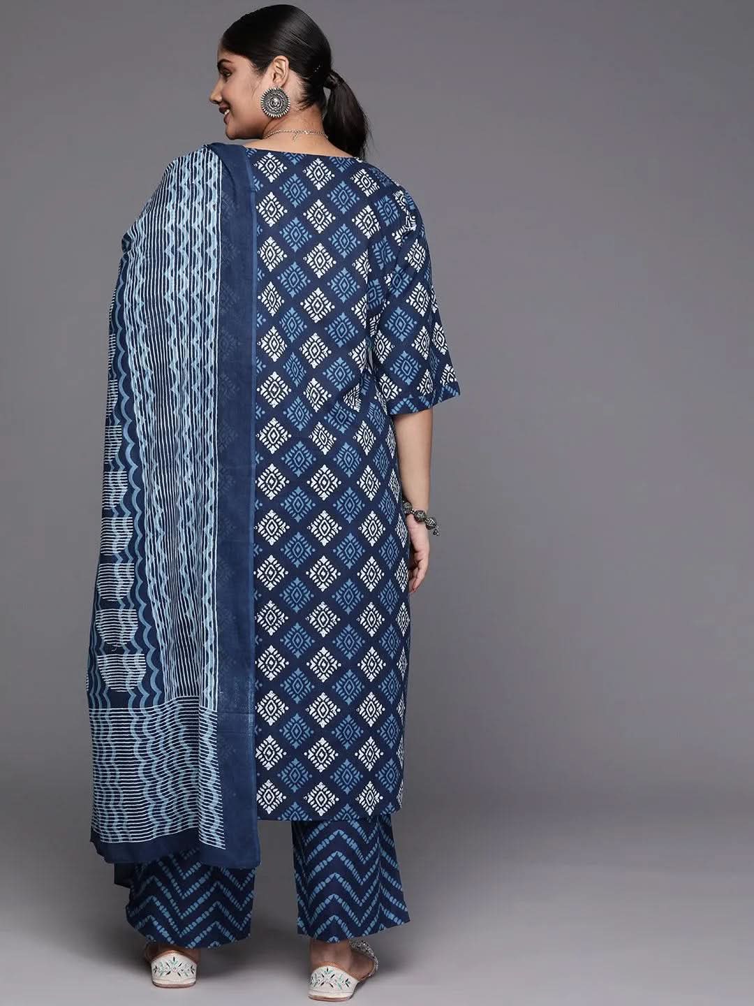 Black Yoke Design Cotton Straight Kurta With Trousers & Dupatta - Libas 