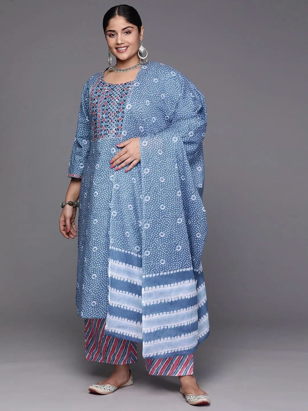 Black Yoke Design Cotton Straight Kurta With Trousers & Dupatta - Libas 