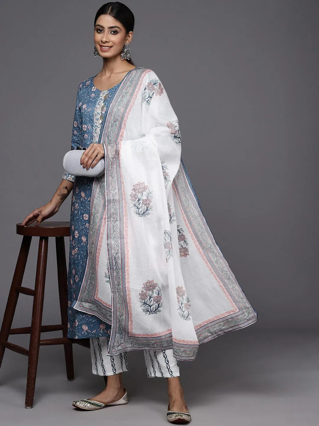 Blue Printed Cotton Straight Kurta With Trousers & Dupatta - Libas 