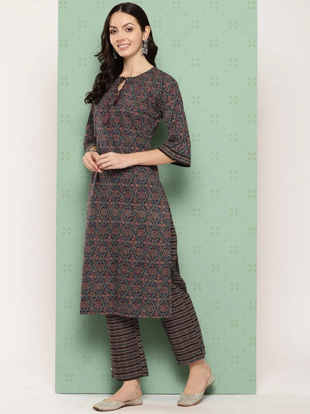 Blue Printed Cotton Straight Kurta With Trousers & Dupatta - Libas 