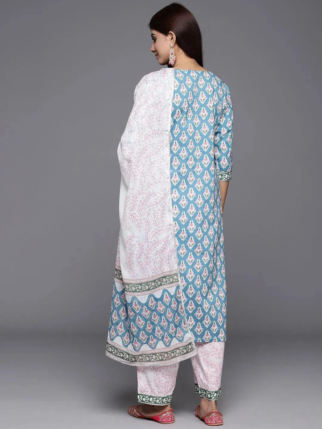 Blue Printed Cotton Straight Kurta With Trousers & Dupatta - Libas