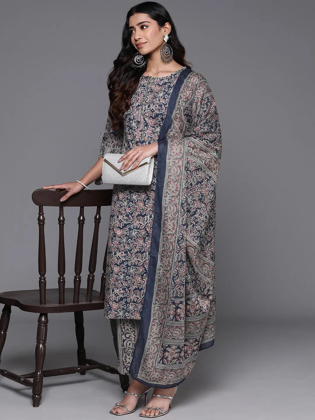 Blue Printed Cotton Straight Suit With Dupatta - Libas 