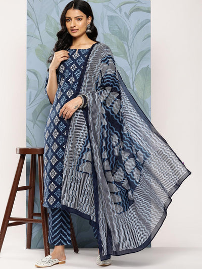 Blue Printed Cotton Straight Suit Set With Trousers - Libas