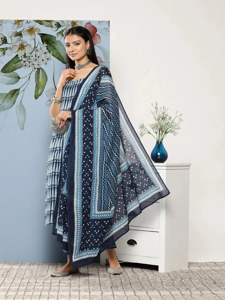 Blue Printed Cotton Suit Set With Trousers - Libas