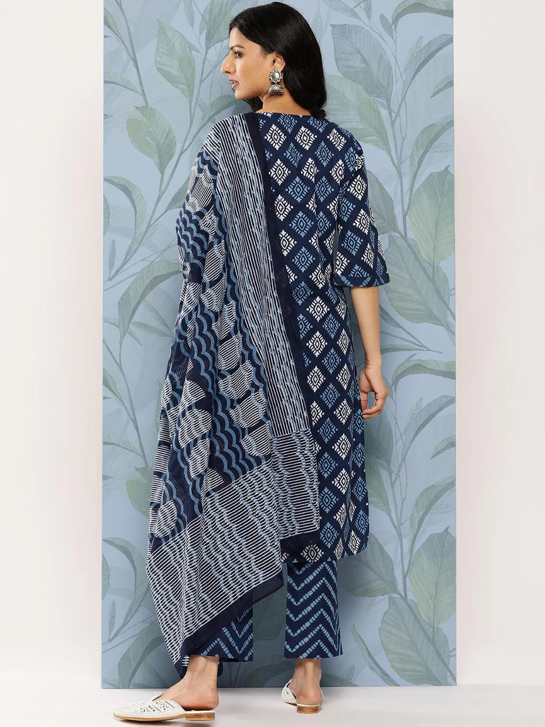 Blue Printed Cotton Straight Suit Set With Trousers - Libas 