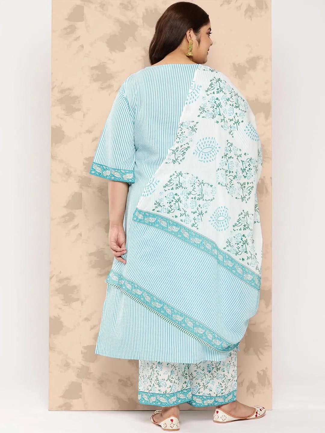 Blue Printed Cotton Straight Kurta With Trousers and Dupatta - Libas 