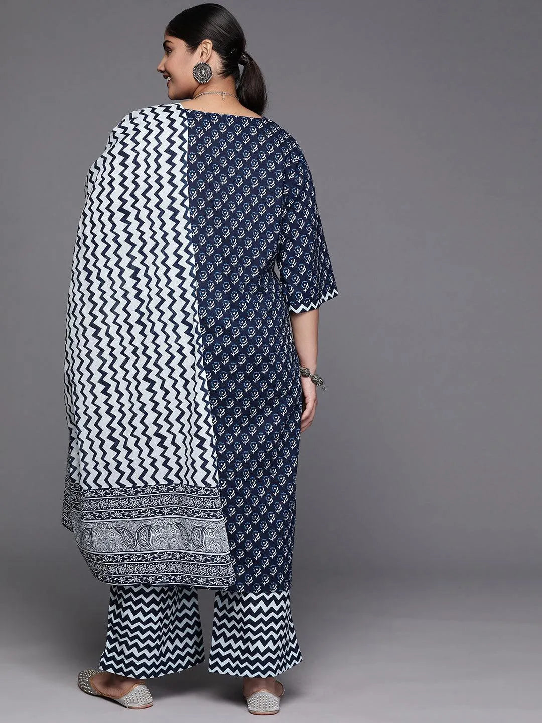 Black Yoke Design Cotton Straight Kurta With Trousers & Dupatta - Libas 