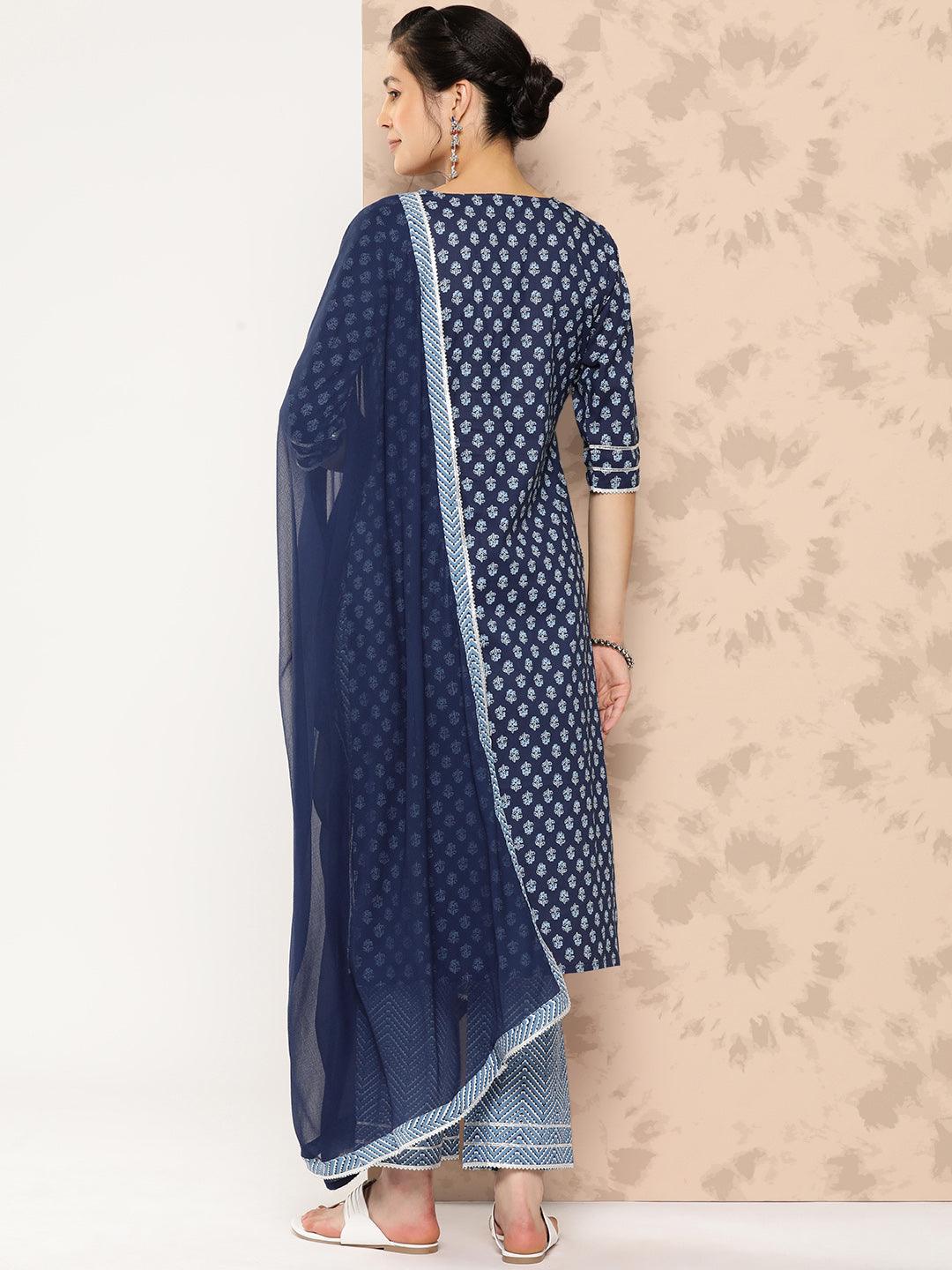 Blue Printed Cotton Straight Kurta With Trousers and Dupatta - Libas