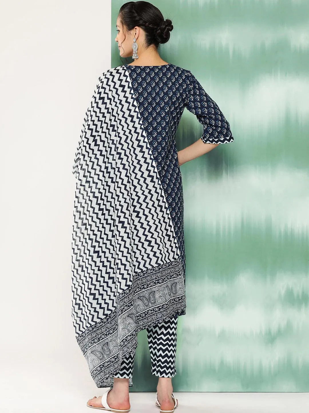 Blue Printed Cotton Straight Kurta With Trousers and Dupatta - Libas 