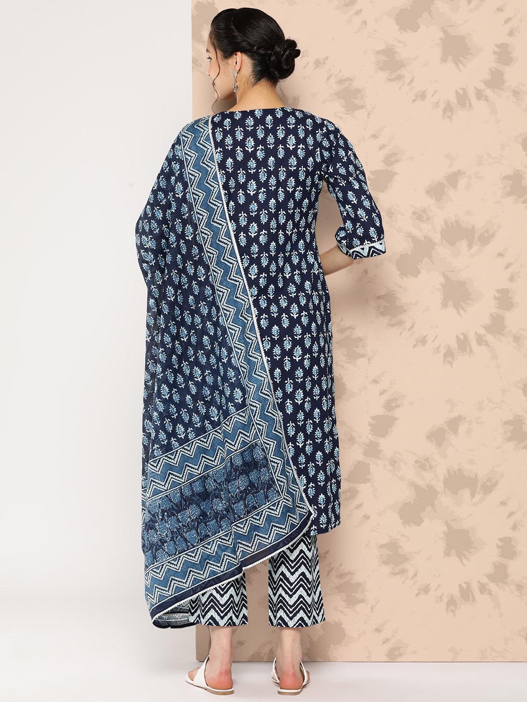 Blue Printed Cotton Straight Kurta With Trousers and Dupatta - Libas