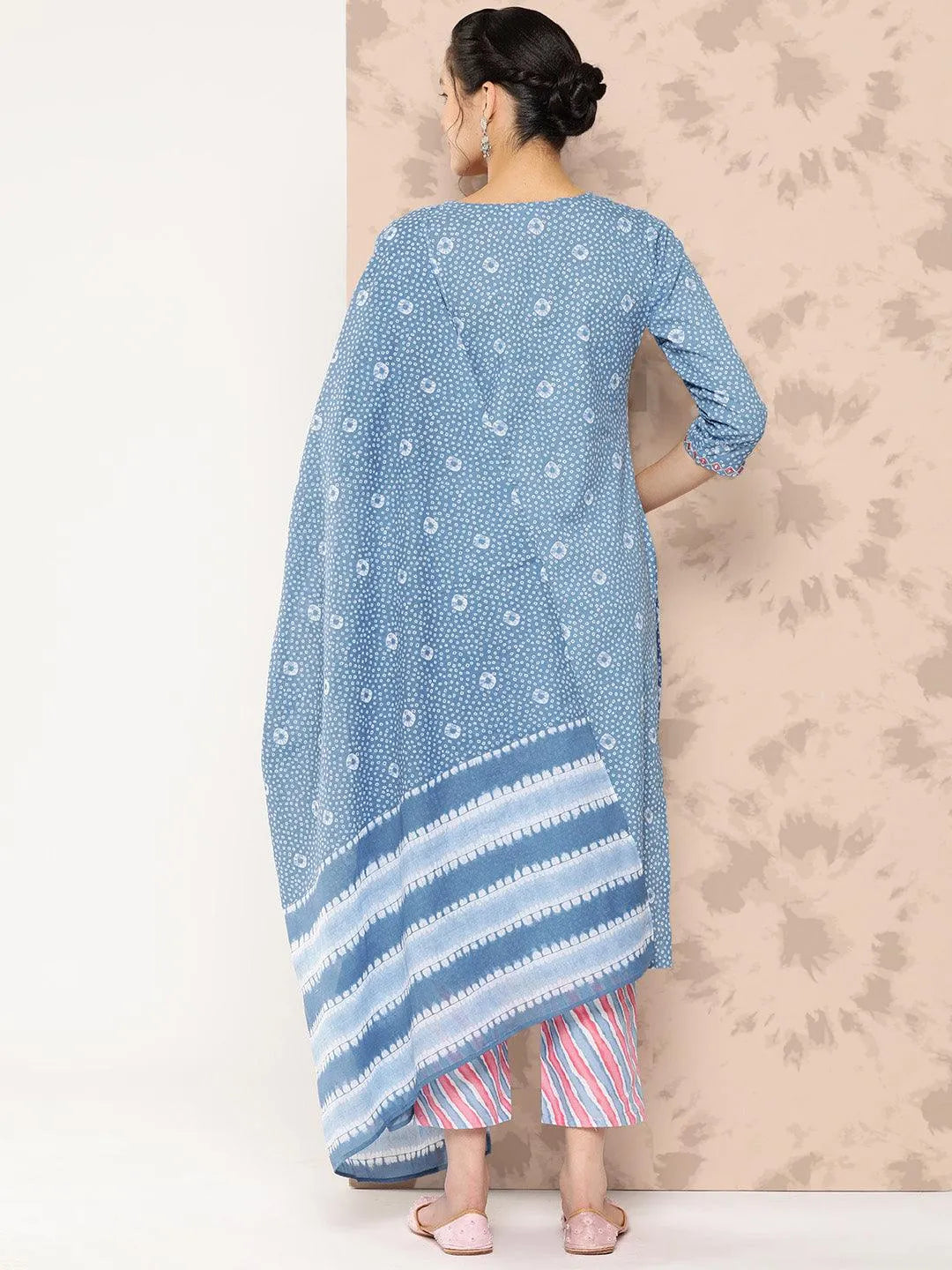 Blue Printed Cotton Straight Kurta With Trousers and Dupatta - Libas 