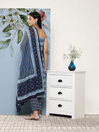 Blue Printed Cotton Suit Set With Trousers - Libas