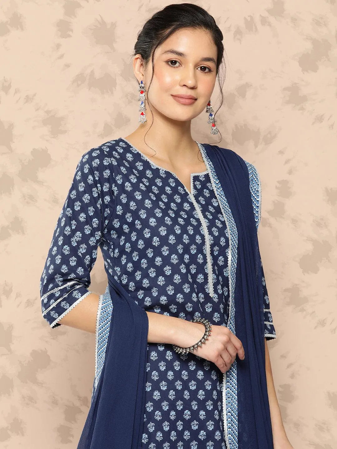 Blue Printed Cotton Straight Kurta With Trousers and Dupatta - Libas 