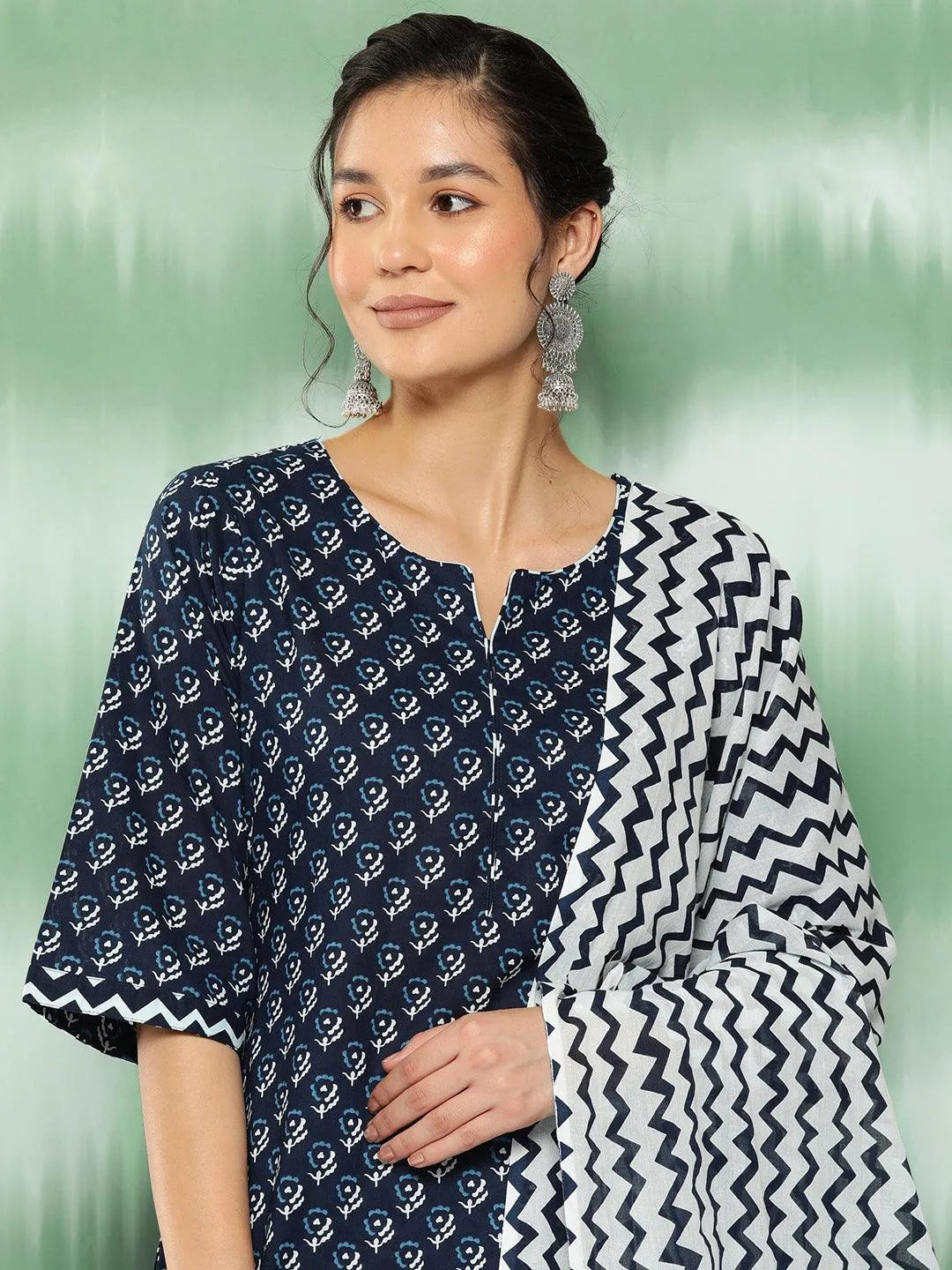 Blue Printed Cotton Straight Kurta With Trousers and Dupatta - Libas 