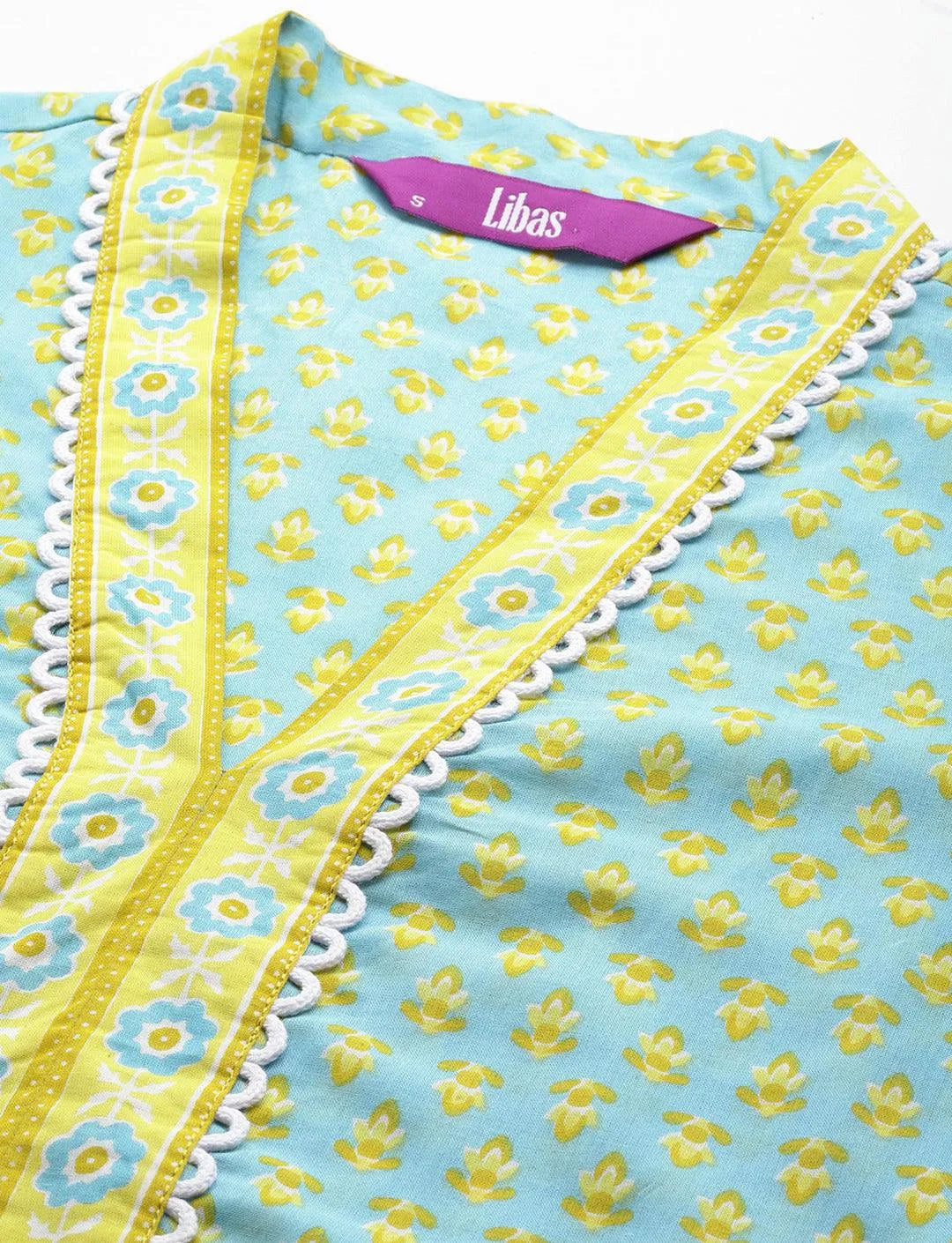 Blue Printed Cotton Straight Kurta With Trousers & Dupatta - Libas 
