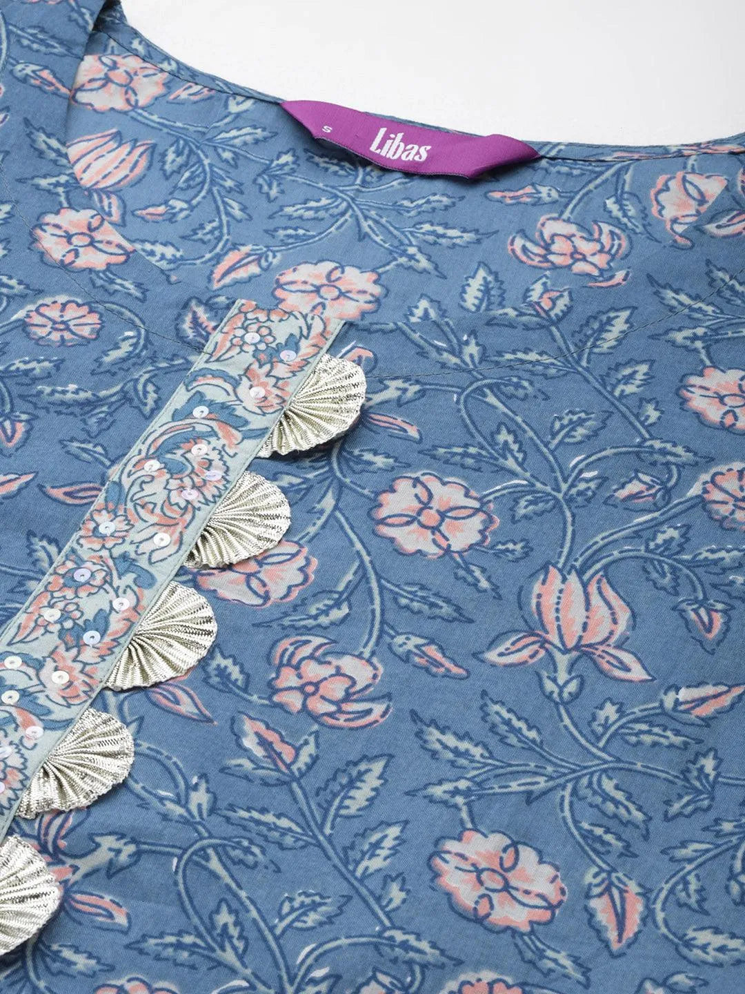 Blue Printed Cotton Straight Kurta With Trousers & Dupatta - Libas 
