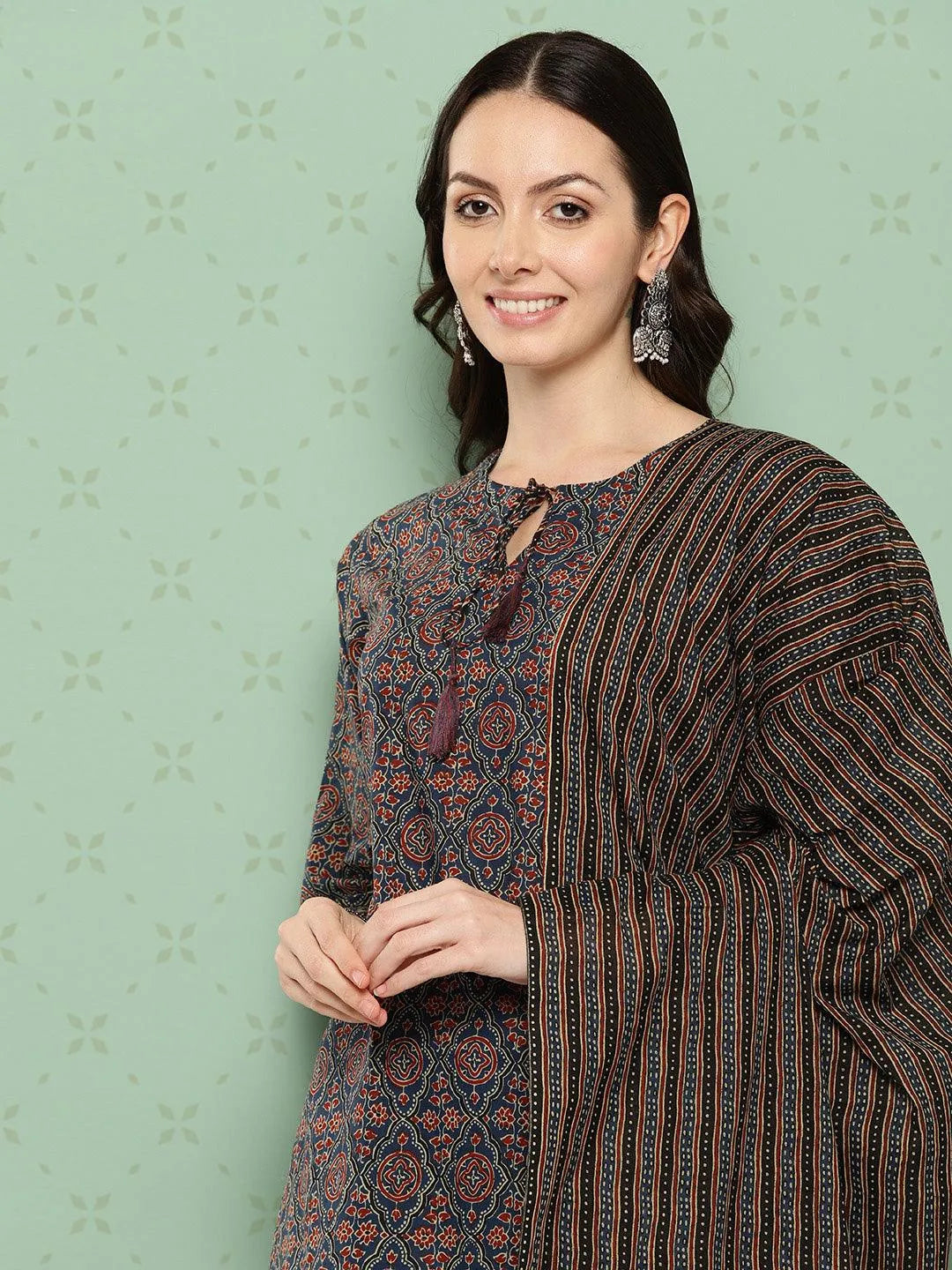 Blue Printed Cotton Straight Kurta With Trousers & Dupatta - Libas 
