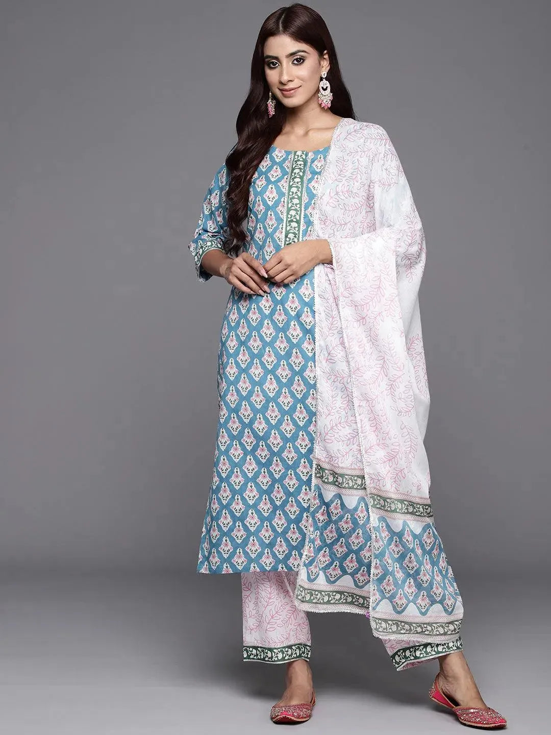 Blue Printed Cotton Straight Kurta With Trousers & Dupatta - Libas