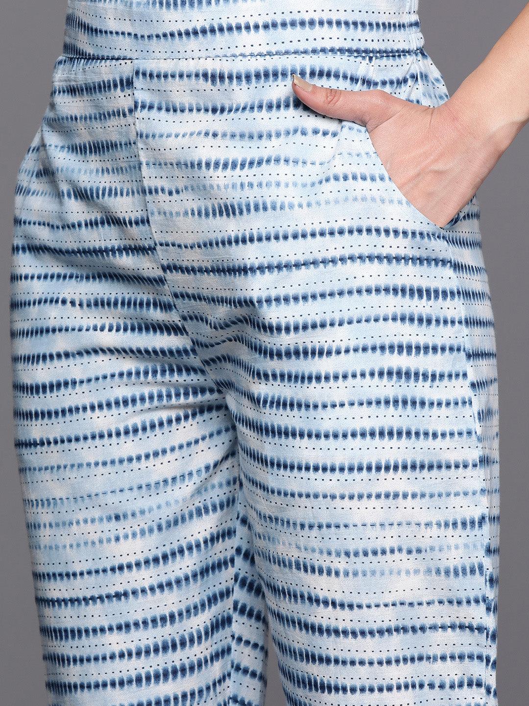 Blue Printed Cotton Straight Kurta With Trousers & Dupatta