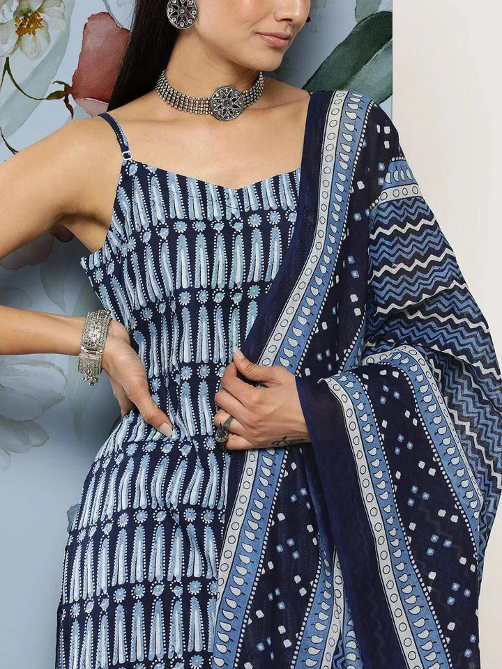 Blue Printed Cotton Suit Set With Trousers - Libas