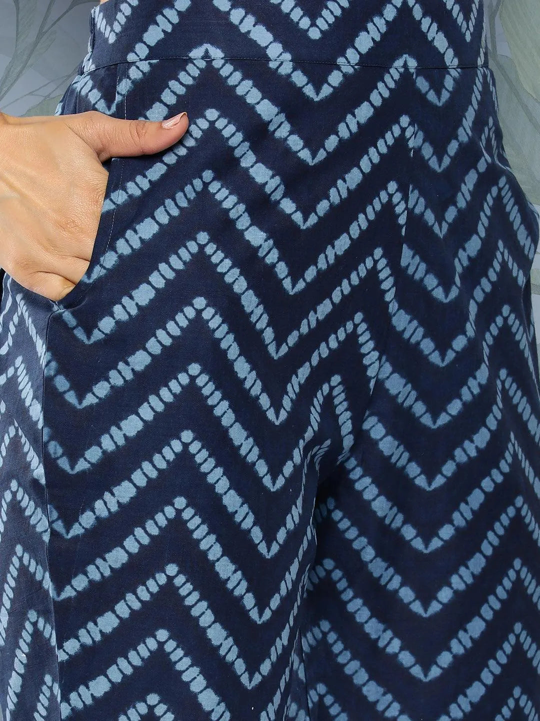 Blue Printed Cotton Straight Suit Set With Trousers - Libas 