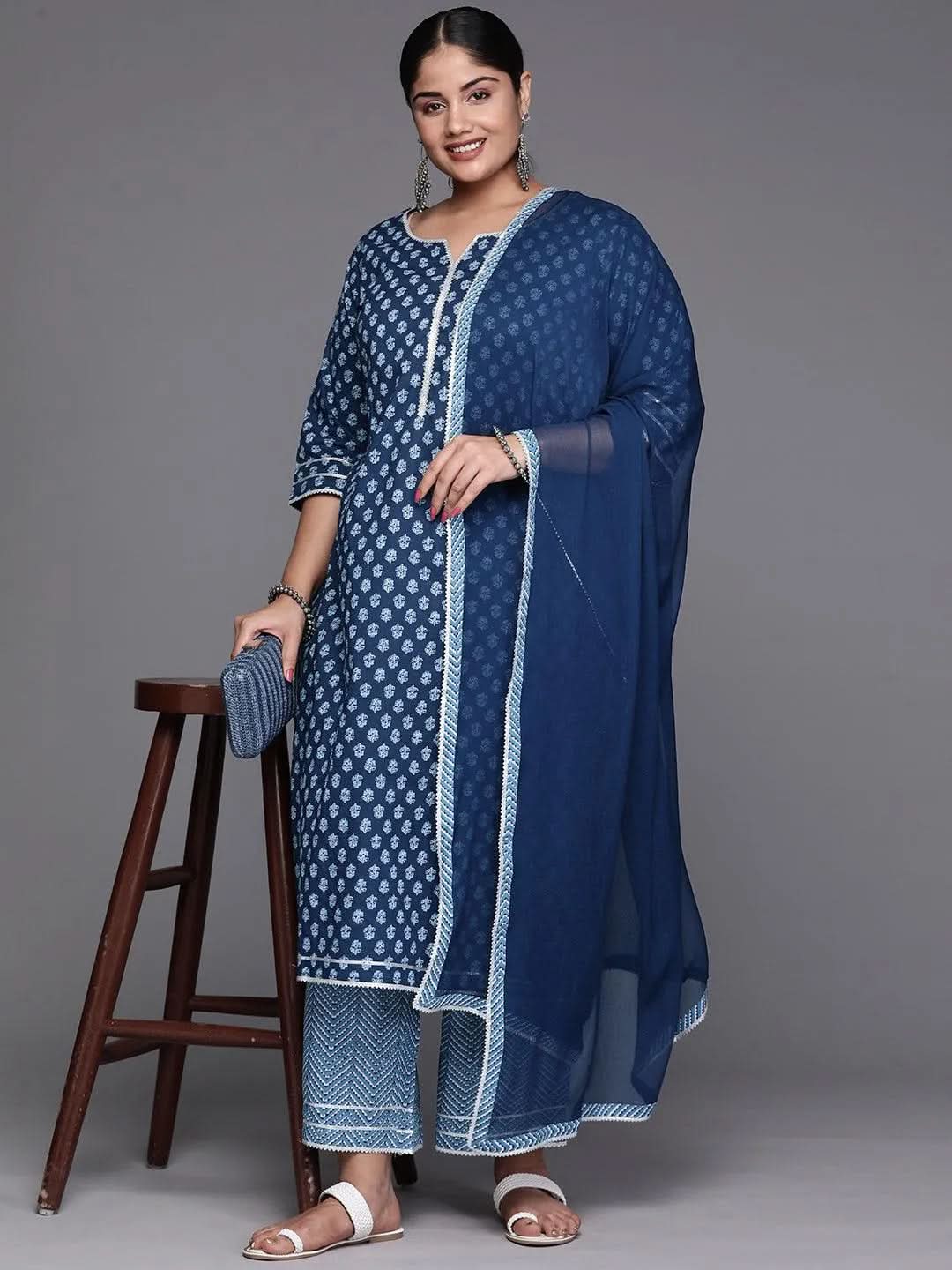 Black Yoke Design Cotton Straight Kurta With Trousers & Dupatta - Libas 