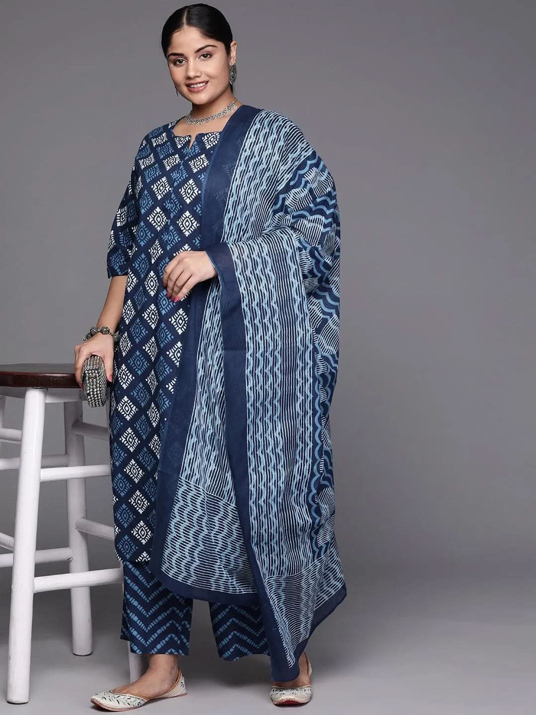 Black Yoke Design Cotton Straight Kurta With Trousers & Dupatta - Libas 