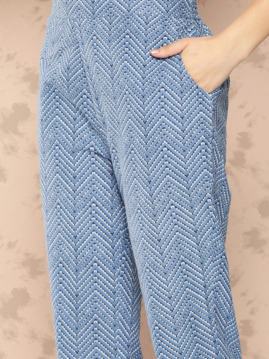 Blue Printed Cotton Straight Kurta With Trousers and Dupatta - Libas 