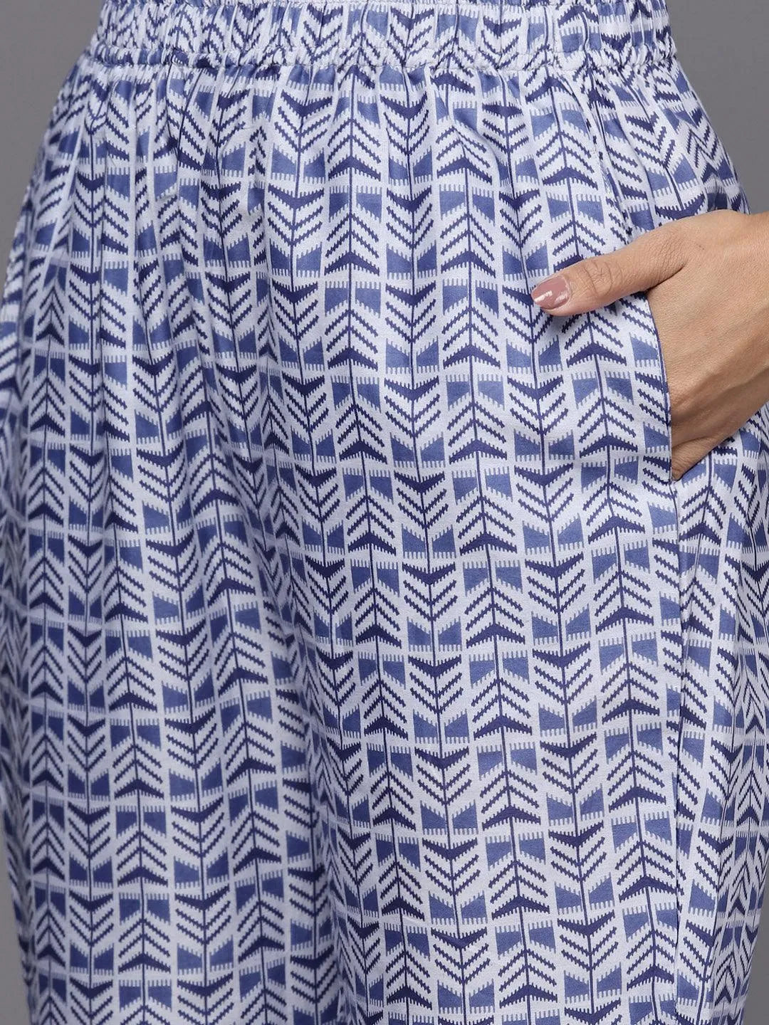 Blue Printed Cotton Straight Kurta With Trousers & Dupatta - Libas 