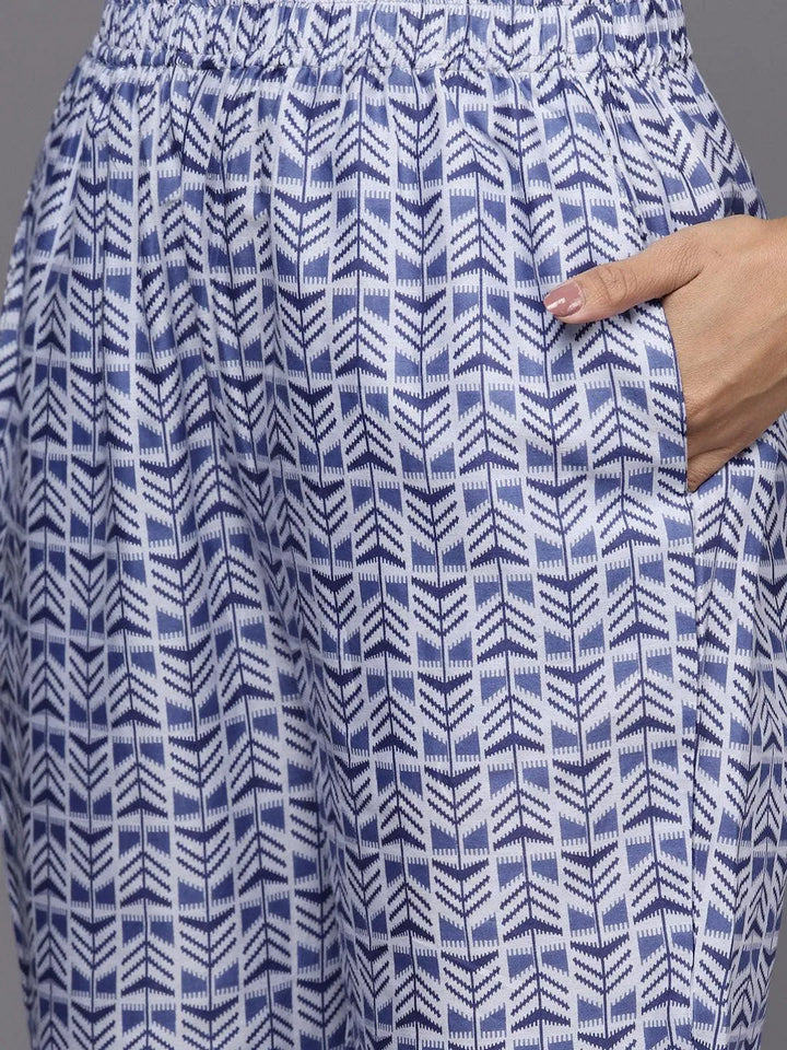 Blue Printed Cotton Straight Kurta With Trousers & Dupatta - Libas