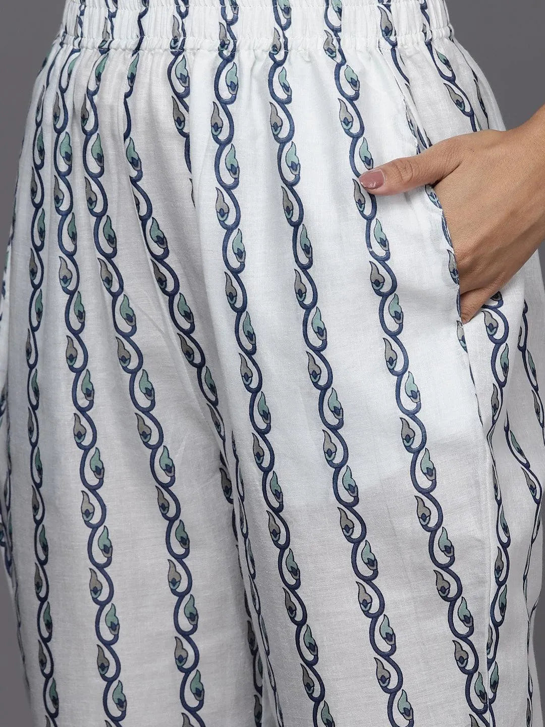 Blue Printed Cotton Straight Kurta With Trousers & Dupatta - Libas 