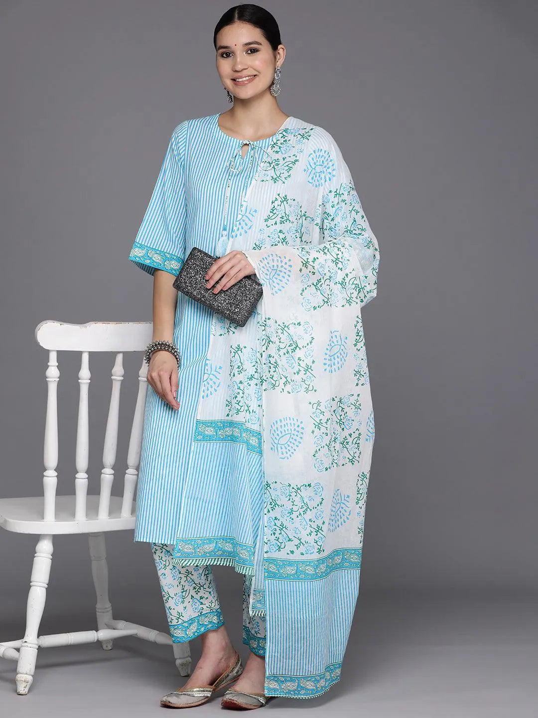 Blue Printed Cotton Straight Suit Set With Trousers - Libas 