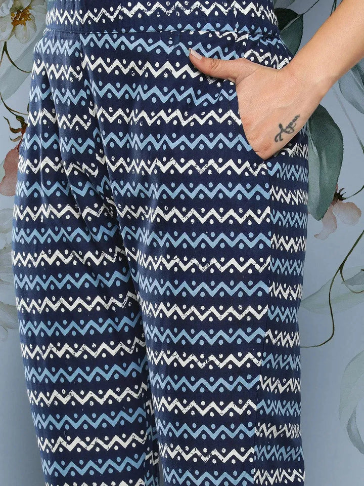 Blue Printed Cotton Suit Set With Trousers - Libas