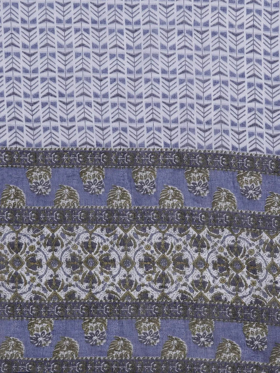 Blue Printed Cotton Straight Kurta With Trousers & Dupatta - Libas 