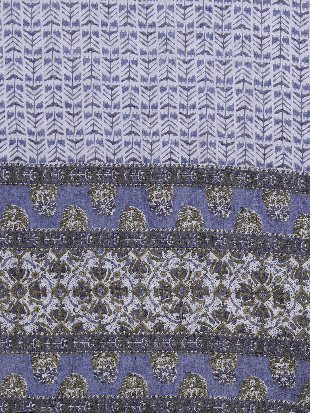 Blue Printed Cotton Straight Kurta With Trousers & Dupatta - Libas
