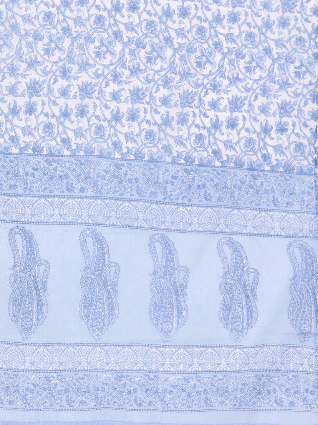 Blue Printed Cotton Straight Kurta With Trousers & Dupatta