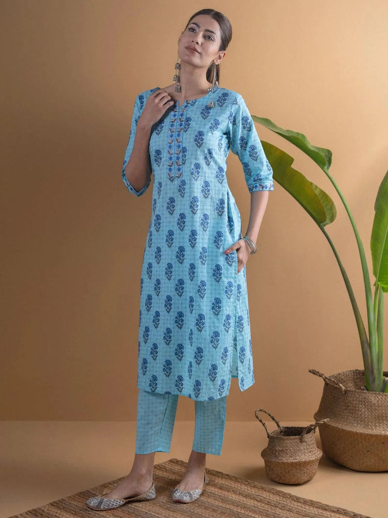 Libas Blue Printed Cotton Straight Kurta With Trousers