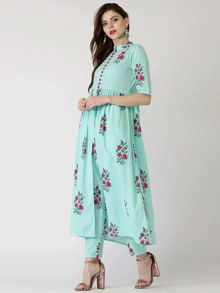 Libas Blue Printed Cotton Straight Kurta With Trousers