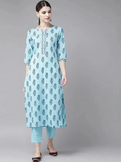 Blue Printed Cotton Kurta Set - Libas