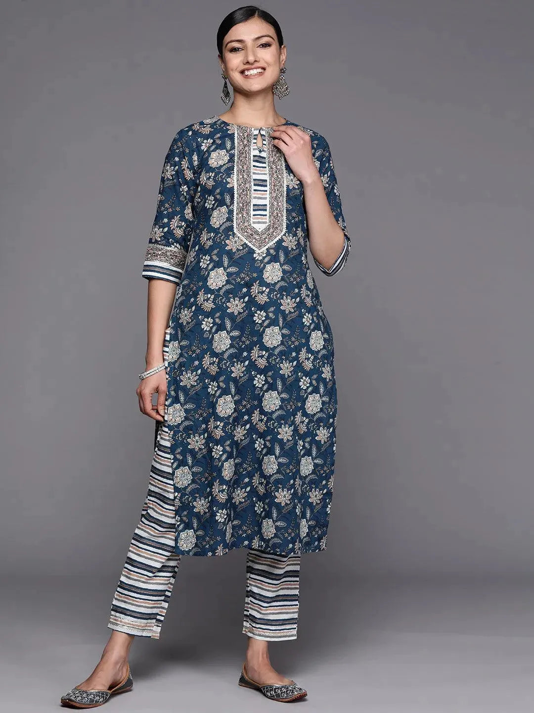 Blue Printed Cotton Straight Kurta Set With Trousers - Libas