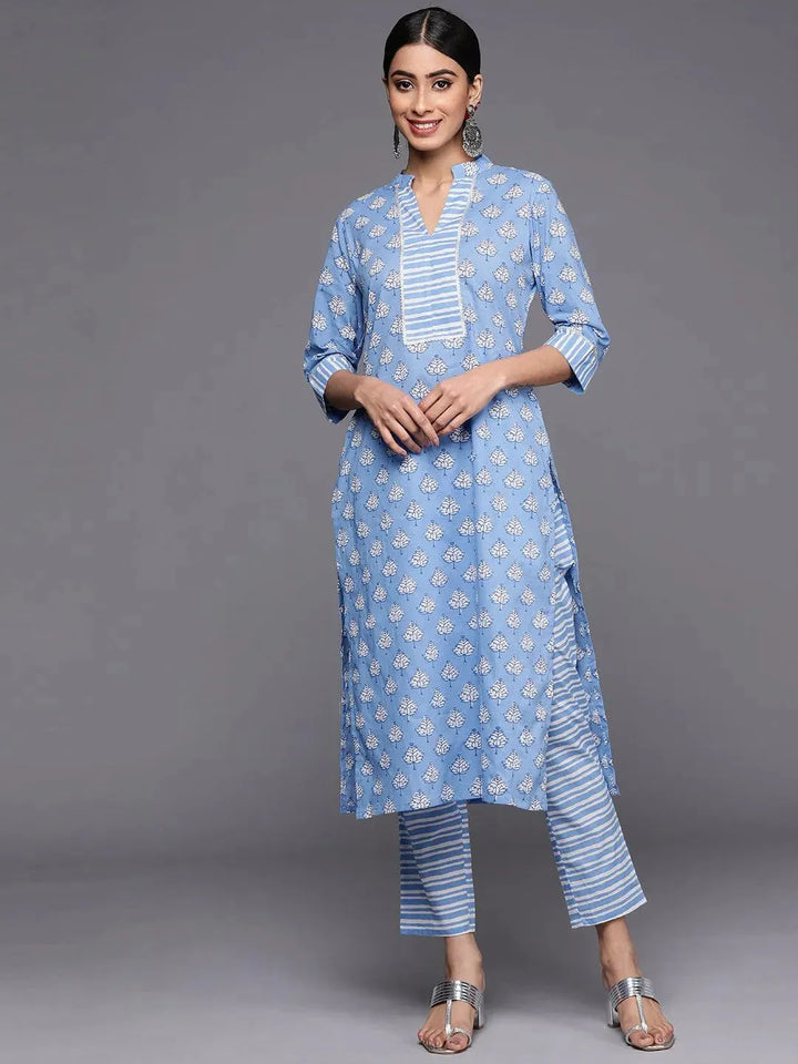 Blue Printed Cotton Straight Kurta Set With Trousers - Libas