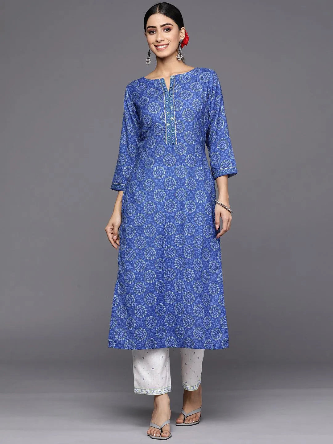 Blue Printed Cotton Straight Kurta Set With Trousers - Libas
