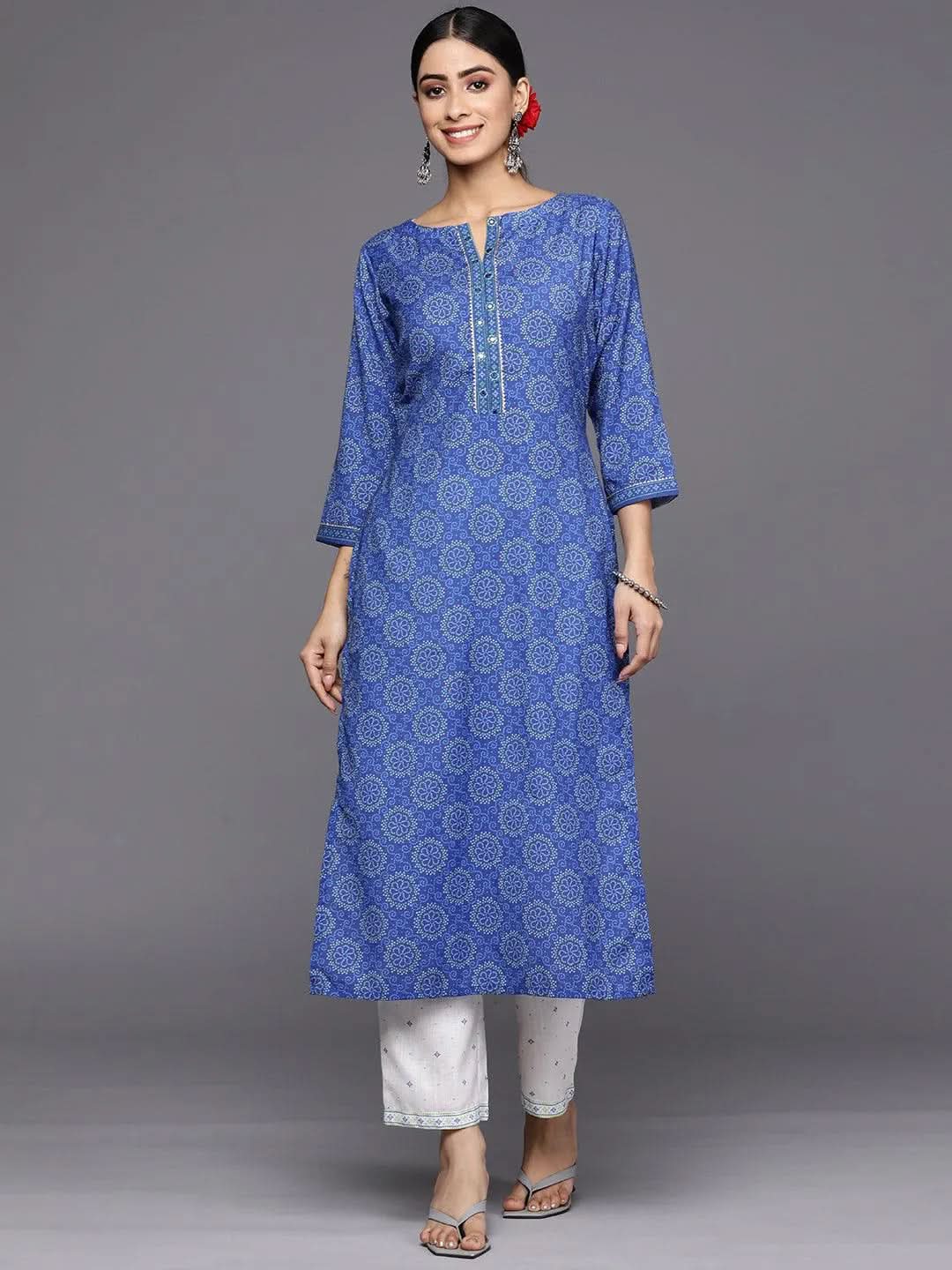 

Blue Printed Cotton Straight Kurta With Trousers