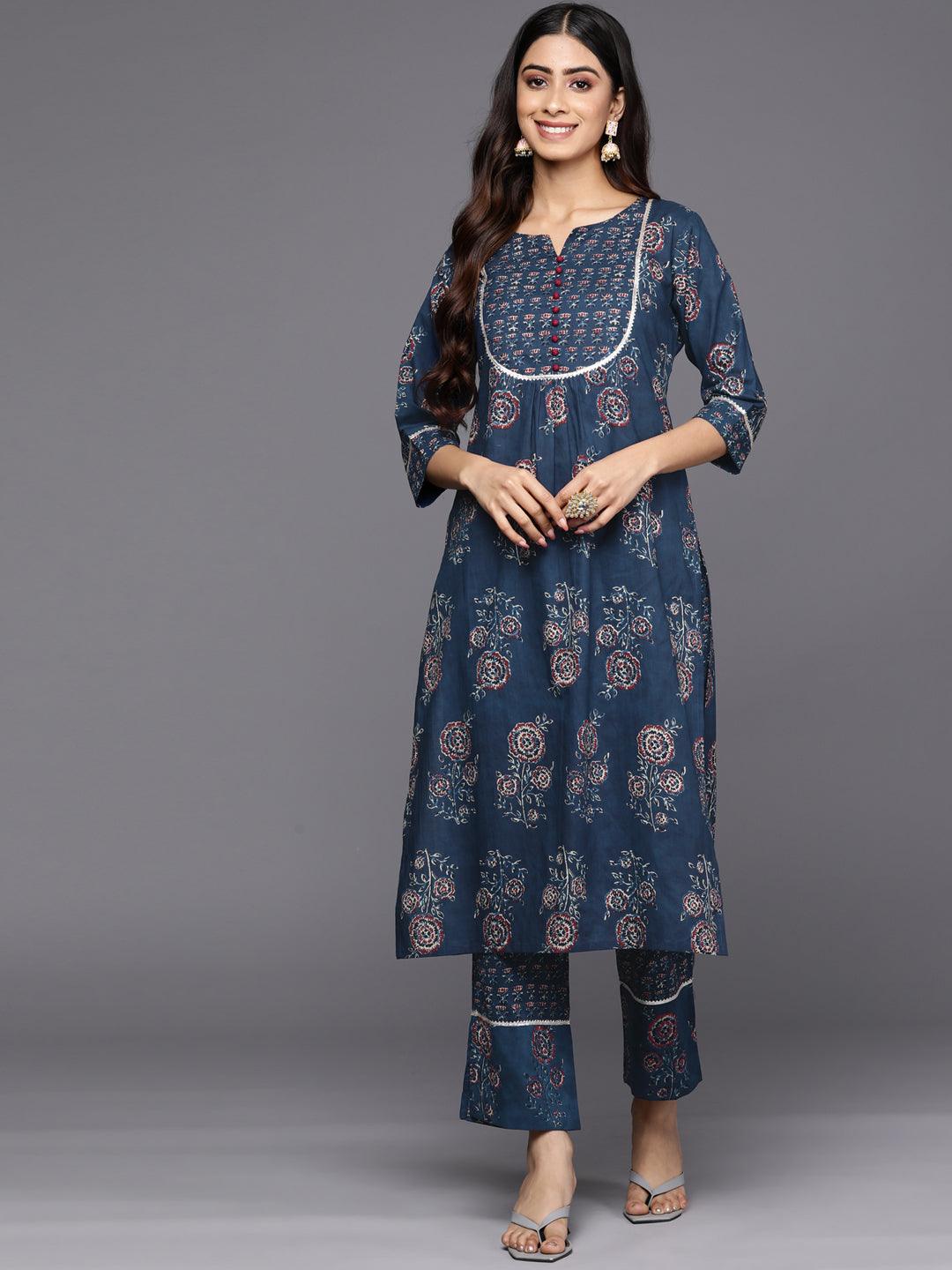 Blue Printed Cotton Straight Kurta With Trousers