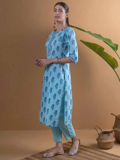 Blue Printed Cotton Kurta Set - Libas