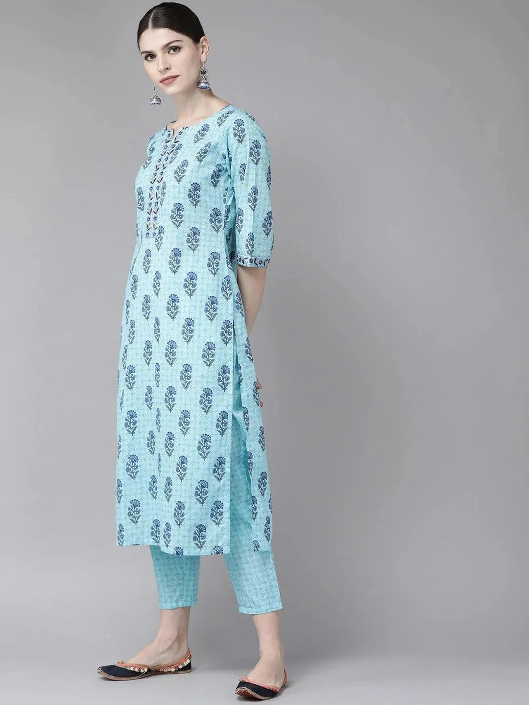 Blue Printed Cotton Kurta Set - Libas 