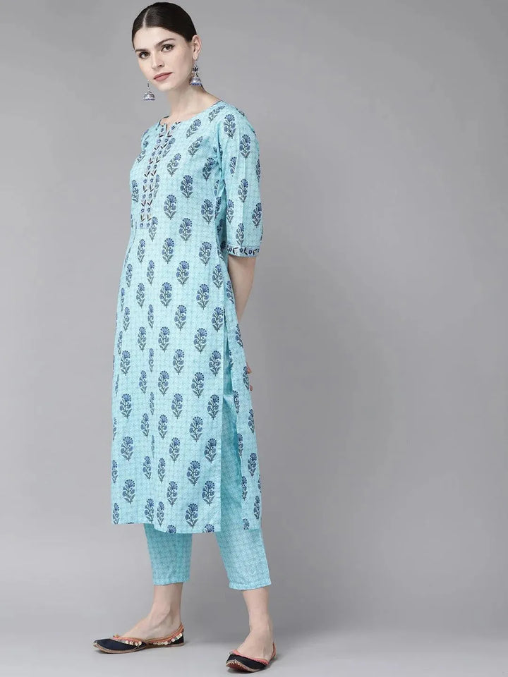 Blue Printed Cotton Kurta Set - Libas