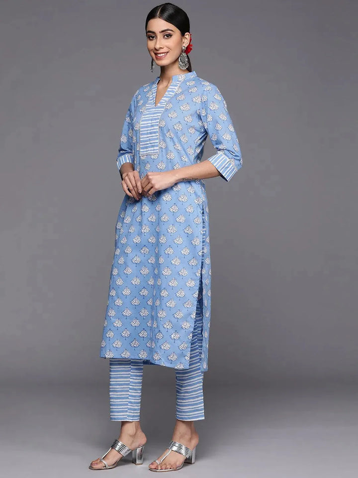 Blue Printed Cotton Straight Kurta Set With Trousers - Libas