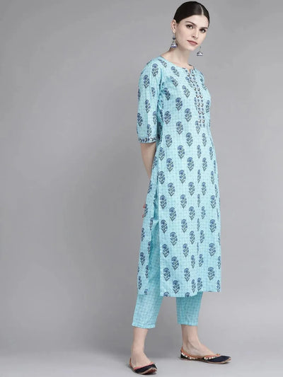 Blue Printed Cotton Kurta Set - Libas